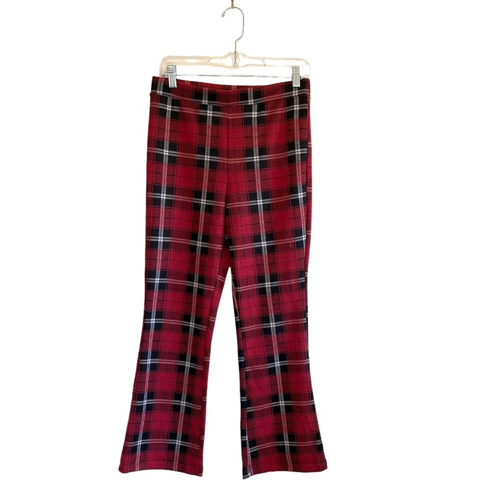 Forever 21 Womans Large Red Buffalo Plaid Flare Knit Stretch Pants
